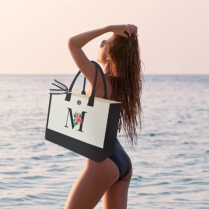 Initial Canvas Tote Bag, Personalized Birthday Gifts for Women Mom Friends Teachers, Monogrammed Tote Bags Suitable for Mother's Day Wedding Beach (LetterM )