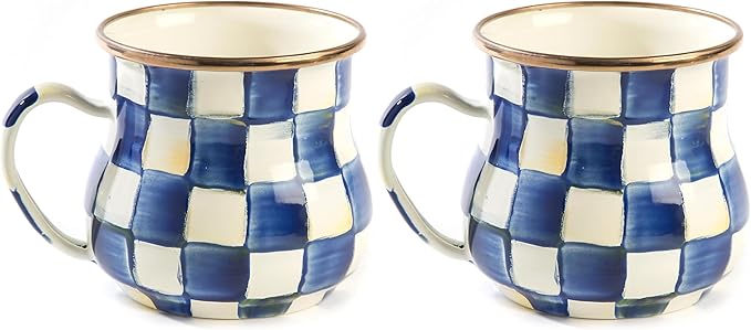 MACKENZIE-CHILDS Enamel Mug, Cute Enamelware Coffee and Tea Mug, Unique Drinkware, 16 Ounces, Blue-and-White Royal Check, Set of 1 (Pack of 2)
