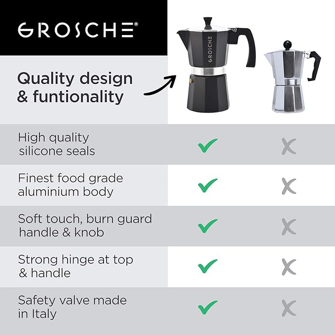 GROSCHE Milano Stovetop Espresso Maker Moka Pot 9 espresso Cup, 15.2 oz, Black. Cuban Coffee Maker Stove top coffee maker Moka Italian espresso greca coffee maker brewer percolator