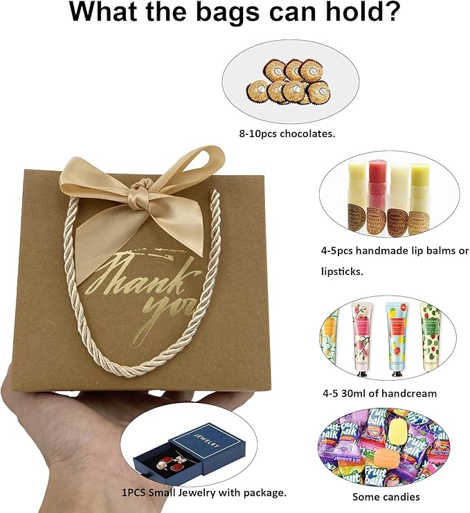 TKSBAG 50 Pack Small Thank You Gift Bags with Handles, 5.5''x 2.5''x4.7'' Mini Brown Gift Bags Bulk for Baby Shower, Birthday, Wedding, Party Favors
