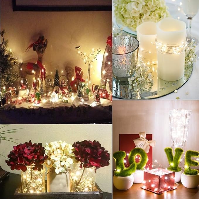 BXROIU 2 x Fairy Lights Battery Operated,Silver Wire Chains 8 Mode 16Ft/5Meter 50 LEDs Timer String Lights with Remote Control for Bedroom Christmas Party Wedding Decoration(Warm White)