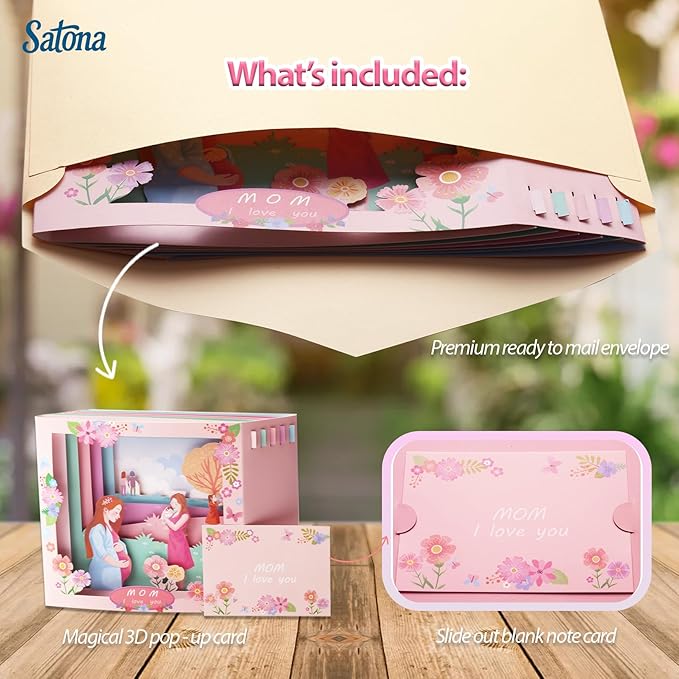 SATONA 3D Mother Pop-Up Greeting Card, Elegant Floral Scene, Includes Envelope & Message Card, Perfect for Mothers, Wives, Grandmas, or a Special Occasion (Mom I Love You)