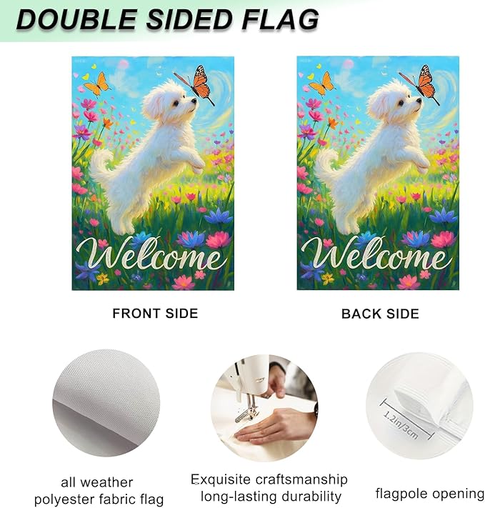 IVN Welcome Puppy Garden Flag 12x18 Inch Double Sided Dog Butterfly Flower Outdoor Yard Flag for Home Front Door Lawn Porch Summer Decor