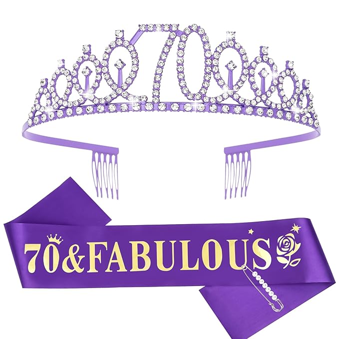 Casoty Purple 70th Birthday Sash and Tiara, 70th Birthday Decorations for Women, 70 & Fabulous Sash and Crown Set, Birthday Party Supplies for Women, Gifts for Her