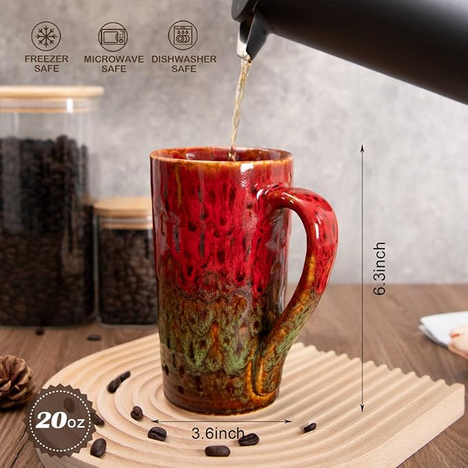 20oz Porcelain Coffee Mugs Set of 2, Large Tall Coffee Mugs with Handles, Modern Ceramic Coffee Cups for Tea, Cocoa, Milk, Gifts for Women Men - Red & Green