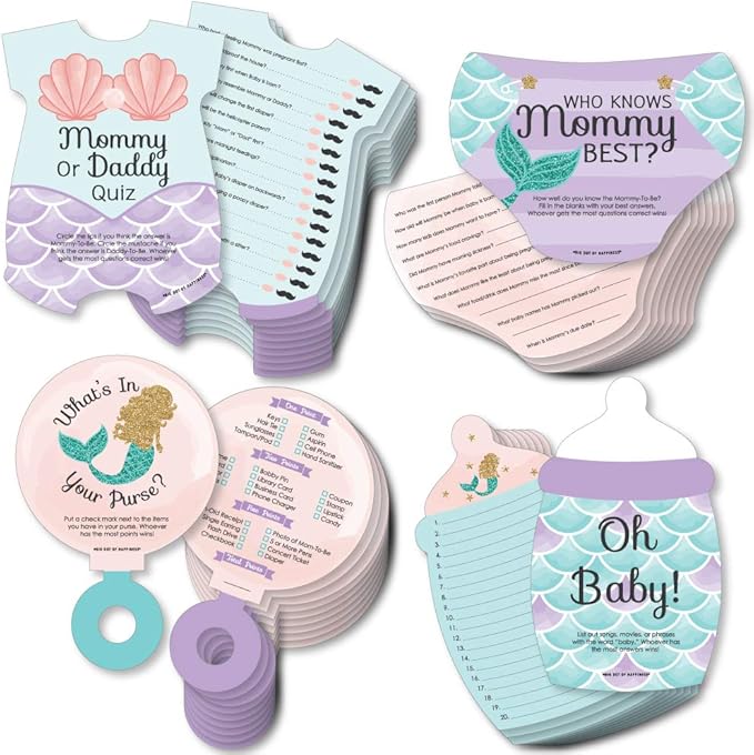 Big Dot of Happiness Let’s Be Mermaids - 4 Baby Shower Games - 10 Cards Each - Who Knows Mommy Best, Mommy or Daddy Quiz, What’s in Your Purse and Oh Baby - Gamerific Bundle