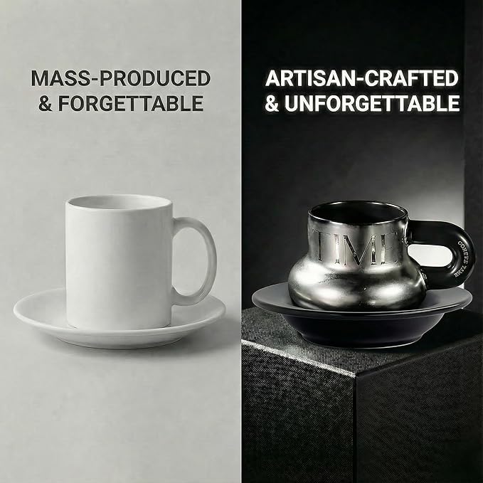 Volcanic Ash Titanium Finish Coffee Mug and Saucer Set (8 oz) | Modern Sculptural Ceramic Cup for Espresso & Latte | Unique Artisanal Home Decor & Desk Art
