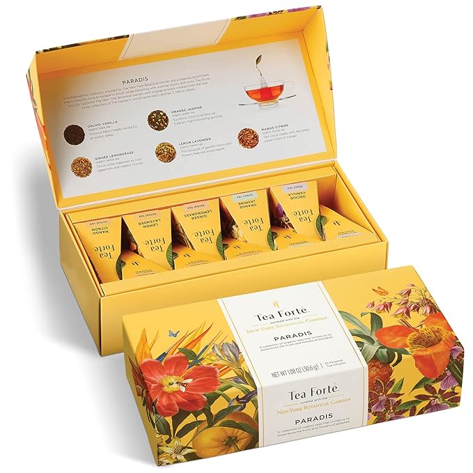 Tea Forte Paradis Petite Presentation Box Tea Gift Set Sampler, 10 Count, 2 of Each Variety Individually Wrapped Handcrafted Pyramid Infuser Bags