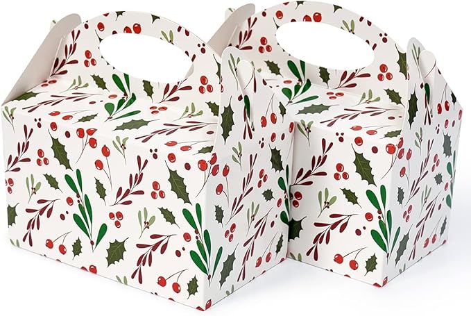 Happyhiram Winter Floral Gable Candy Paper Boxes, 25 Pcs Christmas Red Holly Berry Party Treat Boxes with Handle Small Gift Holiday Boxes Kids Party Favor Cookie Bags