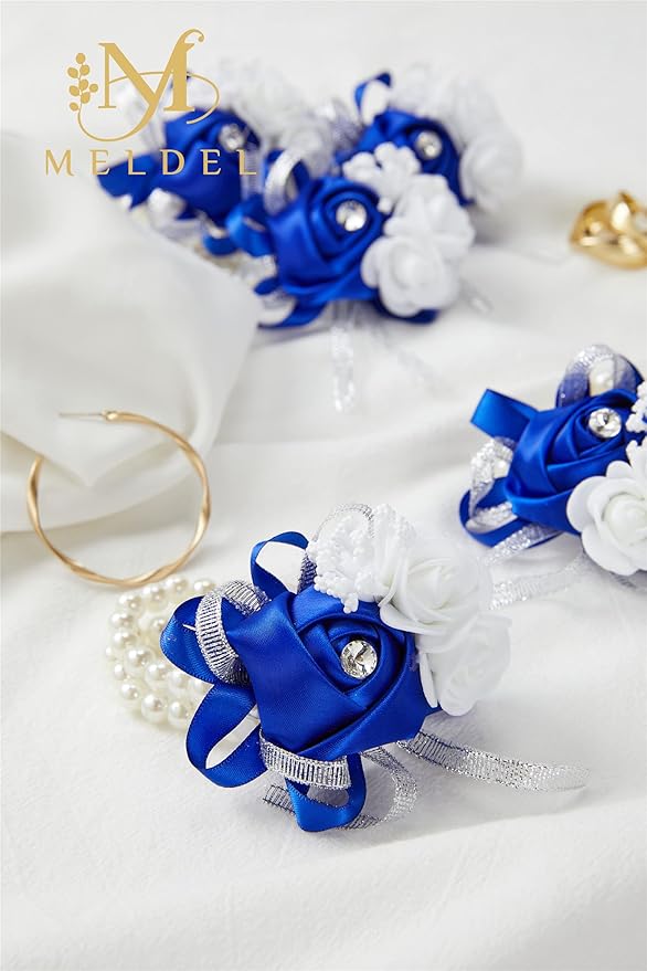 Meldel Royal Blue Wrist Corsages for Prom, Set of 4, Rose Wrist Corsages for Bridal Bridesmaid Girl Wedding Mother Women, Hand Flower for Wedding Formal Dinner Party Homecoming Ceremony Anniversary