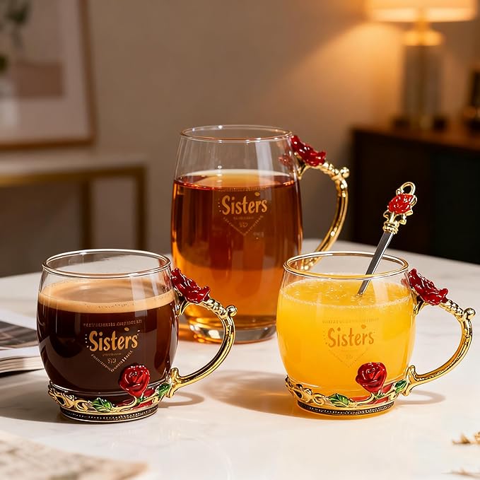 Flower Glass Cup with Printing Design Sisters Gifts Elegant Tea Coffee Cup Unique Christmas Gift Christmas Stocking Stuffers for Women (Sisters)