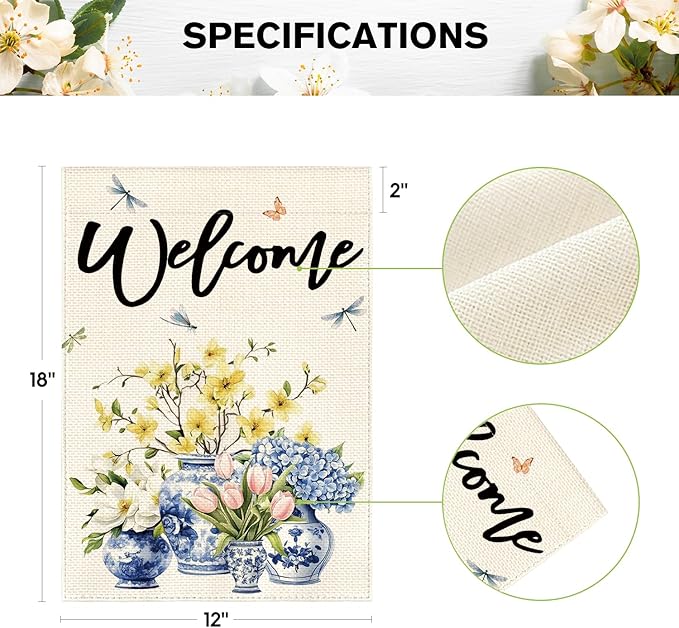 AVOIN colorlife Spring Summer Floral Welcome Garden Flag 12x18 Inch Double Sided Outside, Blue and White Chinoiserie Seasonal Yard Outdoor Flag
