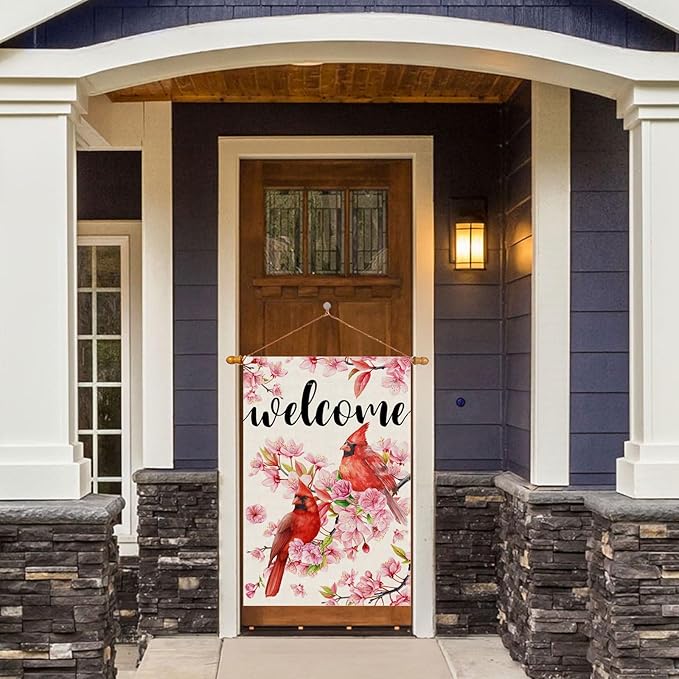 ZAEW Welcome Watercolor Cardinals Birds Cherry Blossom Flowers Spring House Flag Burlap 28X40 Inch Vertical Double Sided Outside Yard Holiday Outdoor Farmhouse Decoration
