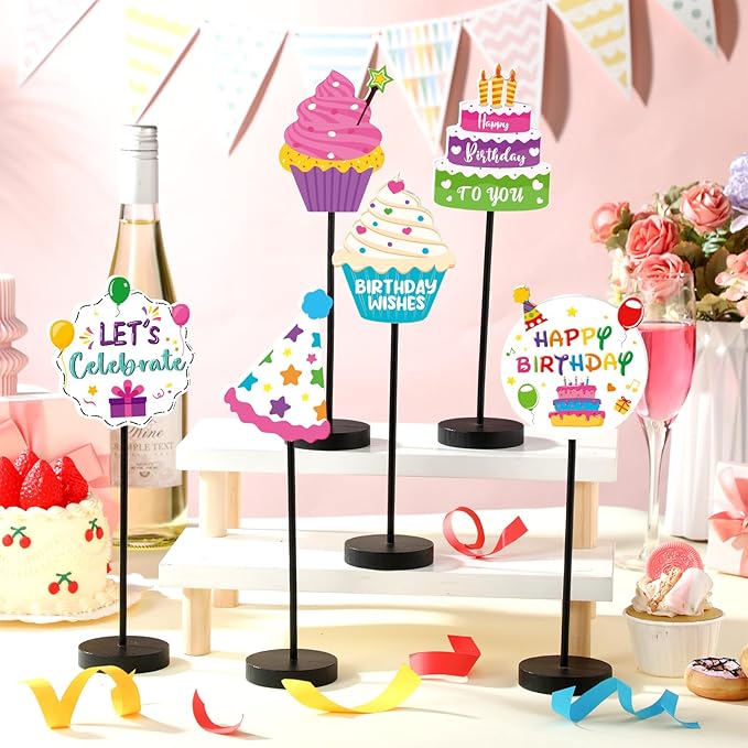 6 Pcs Colorful Birthday Party Decoration Happy Birthday Table Standing Sign Decor for Centerpieces Celebration Wooden Sign Single-sided Printed Tabletop Decor for Party Favor Supplies