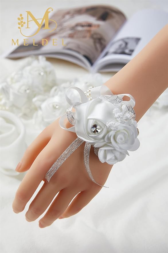 Meldel White Wrist Corsages for Prom, Set of 6, Rose Wedding Wrist Corsage for Bridal Bridesmaid Girl Women, Fake Wrist Flower for Mother of Bride, Artificial Hand Flower for Homecoming Anniversary