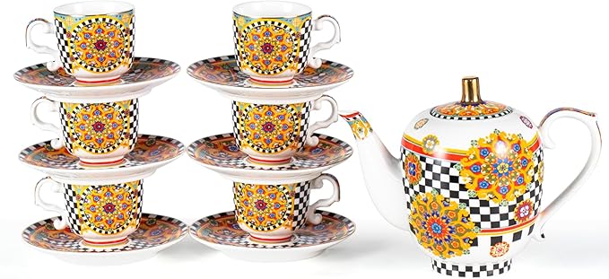 KAMMAK Tea Set for Adults Ceramic Tea Pots and Tea Cup Set, Colorful Tea Cups and Saucers Set for Afternoon Tea, Party, Home, Office, Mordern Porcelain Tea Set with Gold Rim（Chessboard Pattern）