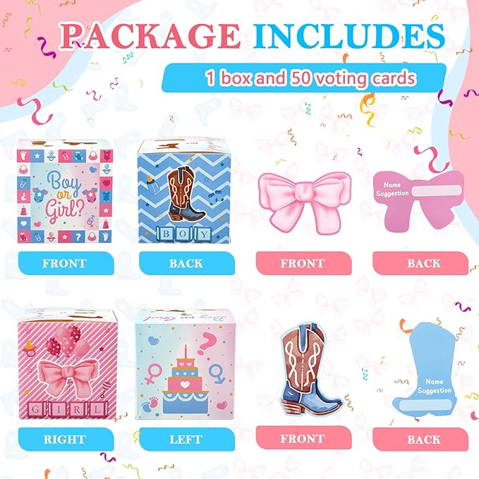 Boots or Bows Gender Reveal Voting Box with 50 Pieces Ballot Cards, Boots or Bows Gender Reveal Decorations for Gender Reveal Baby Shower