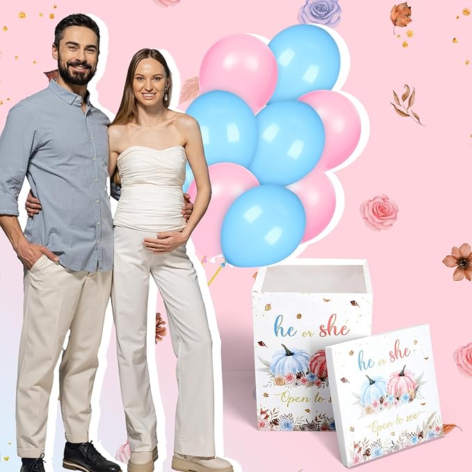 Hungdao Gender Reveal Balloon Box with Ribbon and 10 Pink and Blue Balloons Gender Reveal Games He or She Open to See for Party Decoration 12"x12"x16"(Fall Pumpkin)