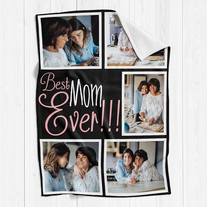 Custom Mom Blanket with 5 Photos Personalized Blanket with Pictures Customized Throw Gifts for Mom Grandma Photo Throw Blanket for Birthday Mother's Day, 15 Colors Available