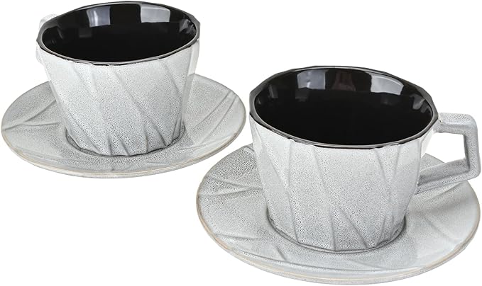 Ceramic Espresso Cups with Saucers 6 oz,Coffe Cups for Cappuccino,Latte,Tea with Saucers Set of 2 - Geometry - Gray