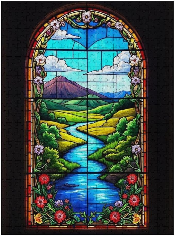 Wooden Jigsaw Puzzles - Stained Glass Window & View - 500 Piece Jigsaw Puzzle for Adults Teenagers and Kids Educational Family Game，Home Decor，Suitable for Puzzle Enthusiasts and Collectors