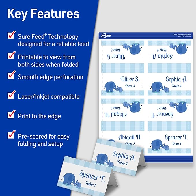 Avery Printable Tent Cards with Sure Feed Technology, 2" x 3.5", White, 160 Blank Place Cards for Laser or Inkjet Printers (5302)