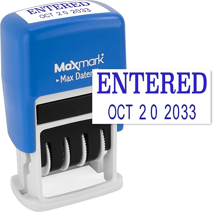 MaxMark Self-Inking Rubber Date Office Stamp with Entered Phrase & Date - Blue Ink (Max Dater II), 12-Year Band