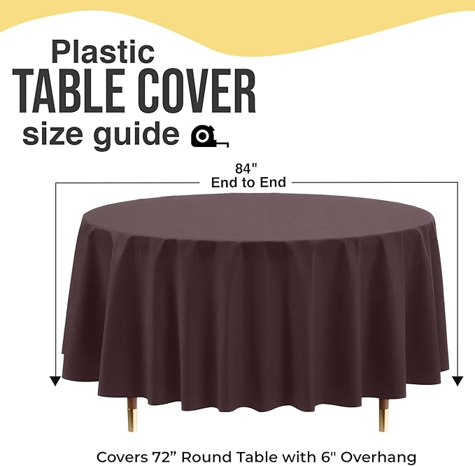 Exquisite 66% Thicker Premium Brown Round Tablecloth 0.5 Mil 6 Pack Plastic Table Cloth Disposable 84 Inch Round Plastic Tablecloth Won't Tear Easily Like Cheap Thin Brands