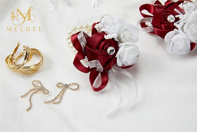 Meldel Wine Red Wrist Corsage for Prom, 6pcs Burgundy Rose Wrist Corsages for Wedding Bridal Bridesmaid Girl Women, Hand Flower for Wedding Party Homecoming Ceremony Anniversary Prom Flower Corsages