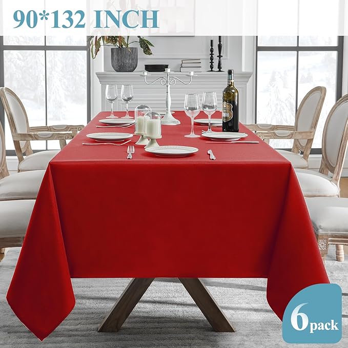 VidaFete Tablecloth 6 Pack 90 * 132inch Rectangle Table Cloth Polyester, Stain Wrinkle Resistant Polyester Dining Table Cover for Kitchen Dinning Party Wedding Rectangular Buffet Decoration(Red)