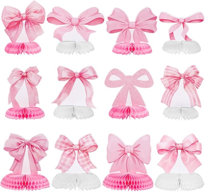 12 Pcs Pink Bow Party Honeycomb Centerpieces Pink Bow Table Centerpieces Coquette Theme Birthday Decorations Bow Party Decorations for Birthday Bridal Bachelorette Valentines Day Party Supplies
