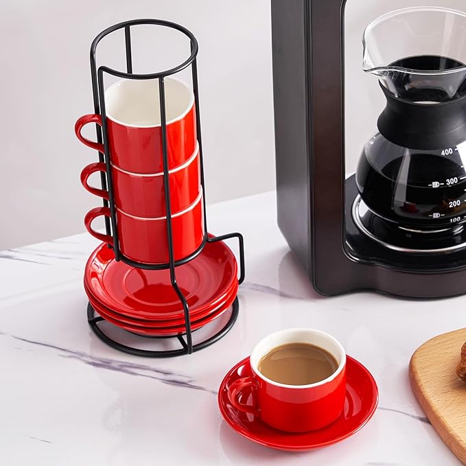 2.5oz Espresso Cups Set of 4, Porcelain Stackable Espresso Cups with Saucers and Metal Stand Set, Red Expresso Shots Cup Set for Cappuccino, Coffee Drinks, Latte, Tea