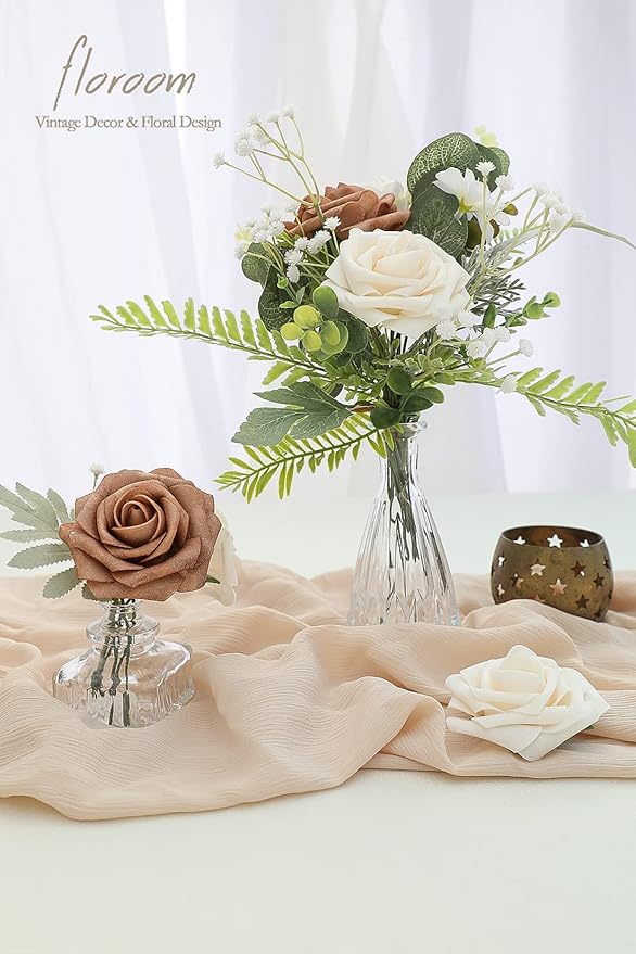 Floroom Artificial Flowers 25pcs Real Looking Gold Sparrow & Cream Foam Fake Roses with Stems for DIY Wedding Bouquets Bridal Shower Centerpieces Floral Arrangements Party Tables Home Decorations