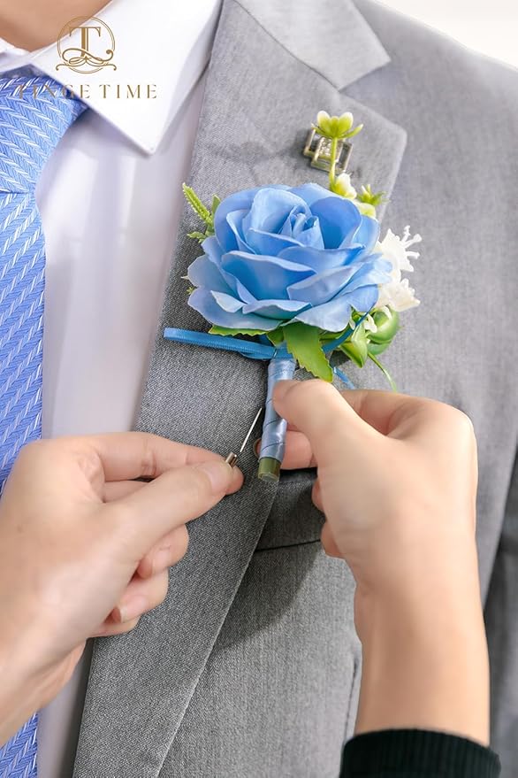 TINGE TIME Boutonniere for Men Wedding,Groom and Best Man Boutonniere for Wedding Ceremony Anniversary, Formal Dinner Party and Rustic Summer Weddings Marriage (Provence Blue)