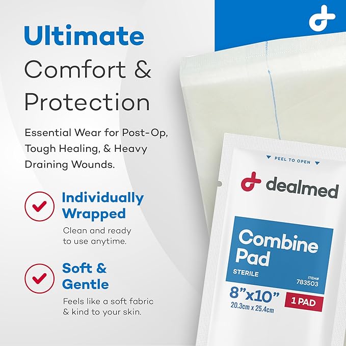 Dealmed Abdominal Combine Pads 8"x10" (360-Case) Sterile Individually Wrapped, ABD Pads, Absorbent, Non Adherent for Wound Care, Drainage, First Aid, 24/Box (Case of 15)