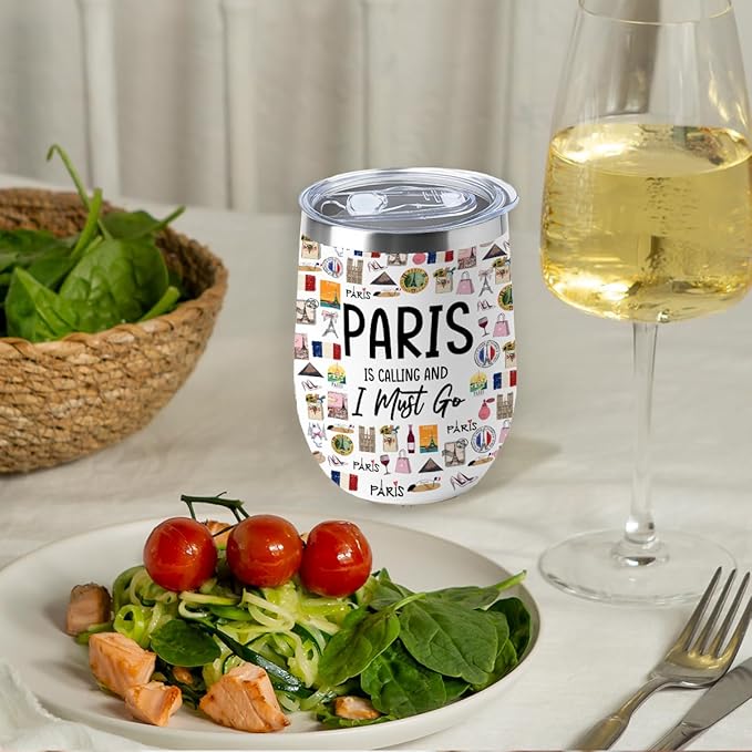 France Gifts Travel Souvenir Wine Tumbler 12 oz Insulated Wine Glass Cup with Lid Straw Vacuum Cup,Paris Lover for Women Men Friend Bestie Birthday Christmas Trip Gifts Favors
