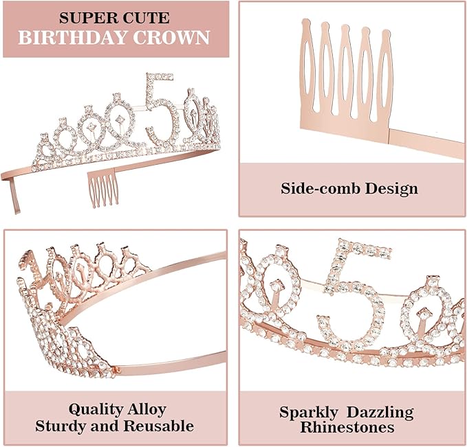 5th Birthday Decorations for Girls, Including Sash, Crown/Tiara, Candles, Cake Topper, 5th Birthday Gifts for Girls