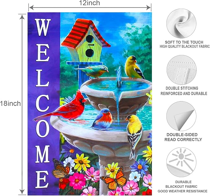 Welcome Spring Summer bird Outside Vertical Double Sided small Garden flags for all seasons Cardinal Birdhouse Outside Yard Flags