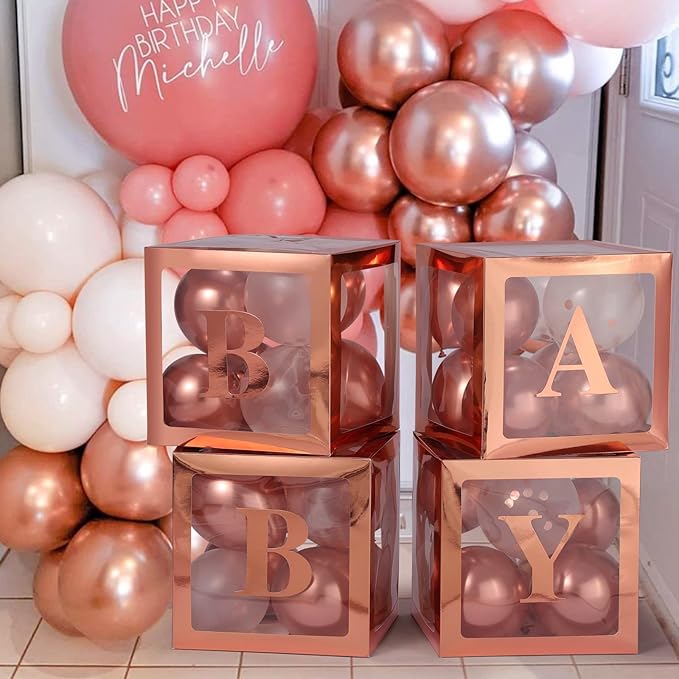 Baby Boxes with Letters for Baby Shower, Gender Reveal Decorations with 4 Transparent Balloon Boxes for Gender Reveal Baby Shower Decorations(Rose Gold)