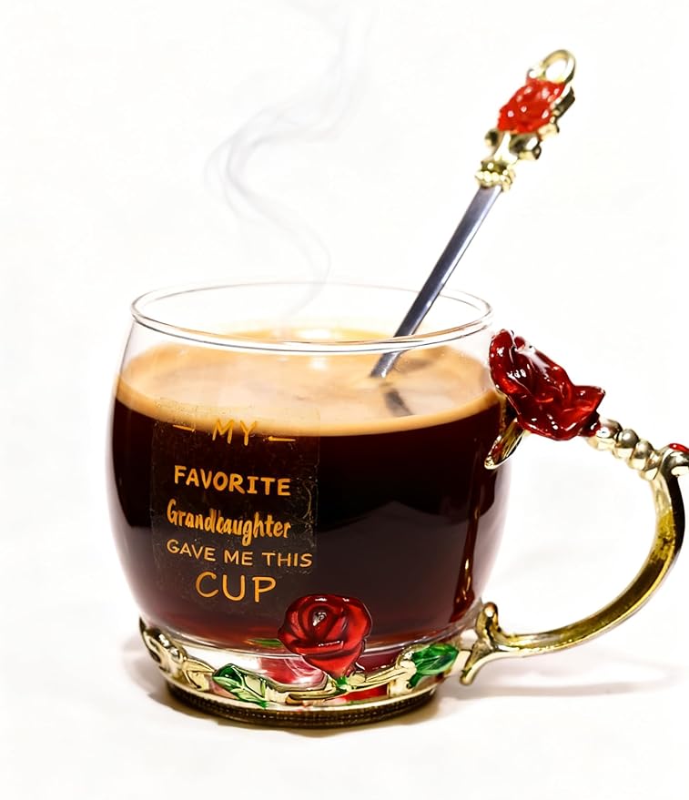 Gifts for Grandma Flower Glass Tea Cup Coffee Cup Christmas Gift from Granddaughter Grandkids Grandchildren, Birthday Mother's Day Grandparent Glass Cup Printing Gift (Grandma)
