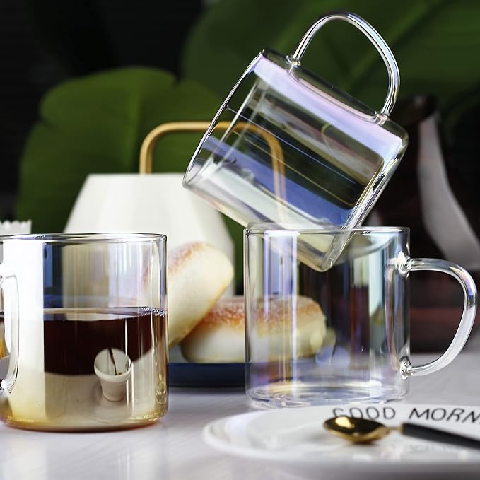 LUXU 4pcs Set Simple Glass Coffee Mugs-Hand Blown&Seamless Design,14 oz Amber Coffee Cups-Heat Resistant and Explosion-Proof,Lightweight Tea Mugs with Anti Scald Handle Ideal for Home,Cafe,Coffee Bar