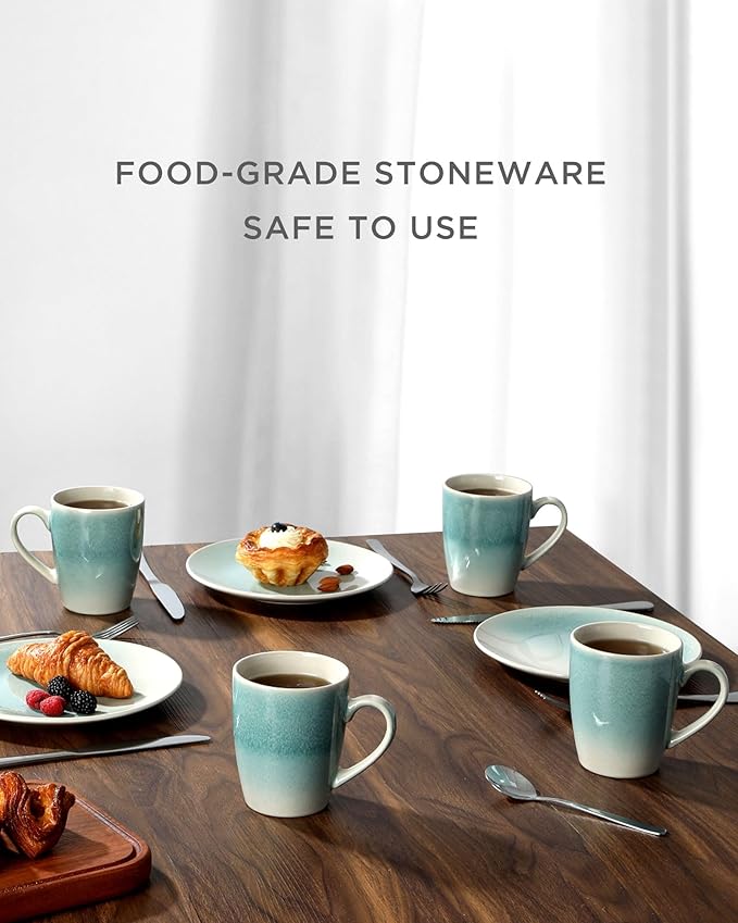 famiware Coffee Mugs Set, 13 oz Mug Set of 4, Stoneware Cups for Latte, Hot Tea, Mocha, Cocoa, Cappuccino, Microwave and Dishwasher Safe, Glacier Series, Aqua