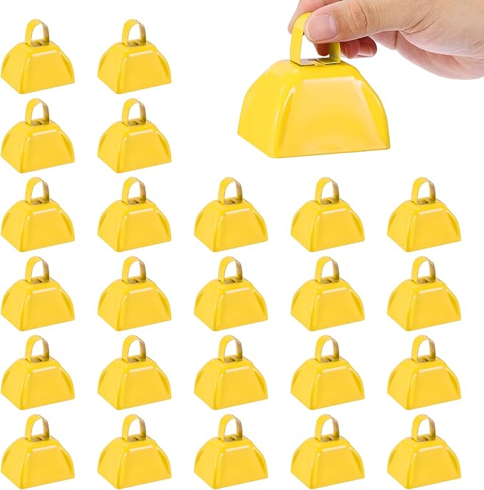 PATIKIL 3inch Cow Bells for Football Games, 24pcs Cowbells for Sporting Events Bulk Loud Noise Makers Metal Cow Bell with Handle for Cheering Competition Marathon Wedding DIY Paint, Yellow