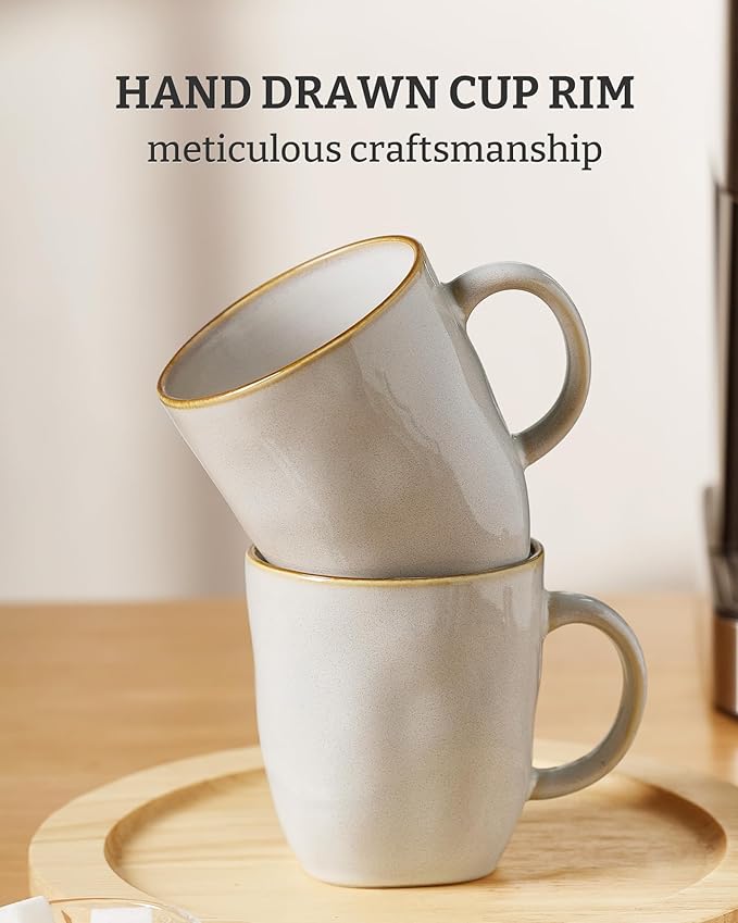 famiware Coffee Mugs Set of 6, Ocean Square 13oz Coffee Cup Set with Handle for Cocoa, Milk, Hot Chocolate, Tea, Water, Stoneware Cups for Kitchen, Microwave and Dishwasher Safe, Cappuccino White