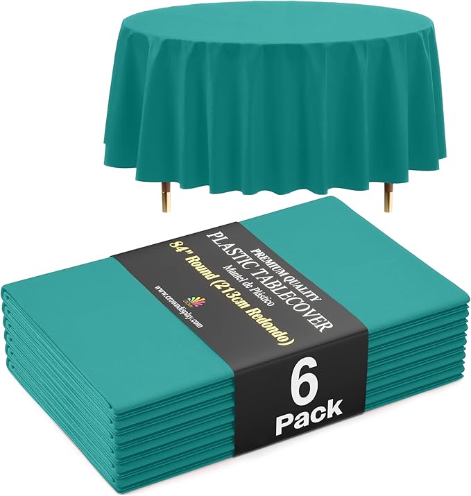 Exquisite 66% Thicker Premium Teal Round Tablecloth 0.5 Mil 6 Pack Plastic Table Cloth Disposable 84 Inch Round Plastic Tablecloth Won't Tear Easily Like Cheap Thin Brands