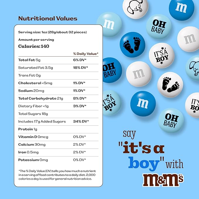 M&M'S World Baby Boy Milk Chocolate Favors 20 Packs 0.75oz each with Blue and White M&M'S for Boy Baby Showers Gender Reveal Parties and Guest Giveaways