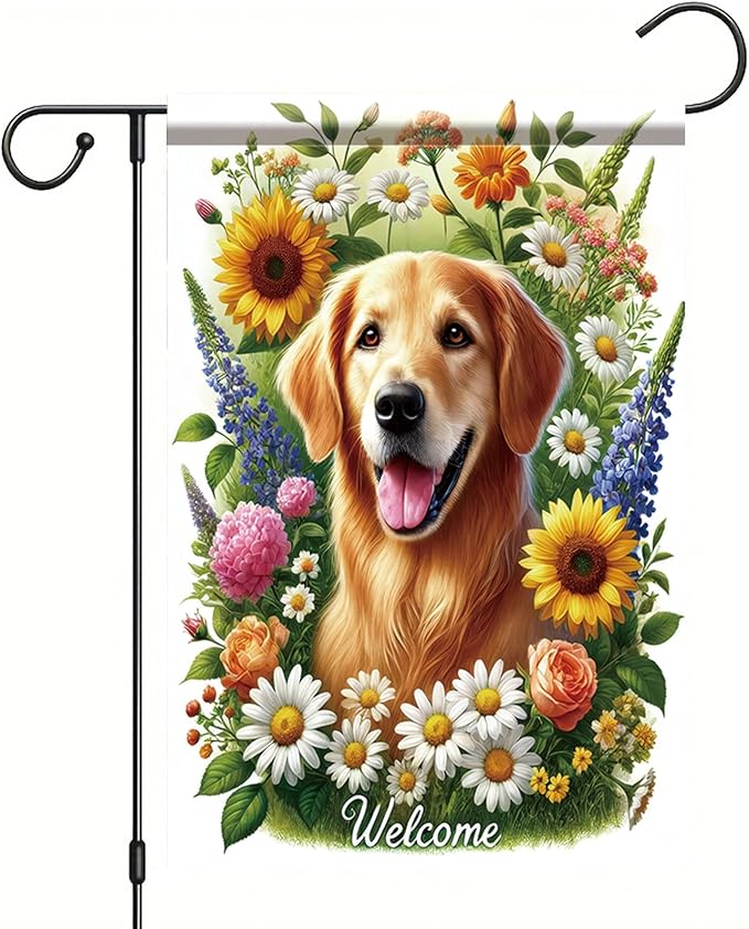 Starlit Patio Welcome Summer Spring Garden Flag 12 x 18 Double Sided Golden Retriever Dog Garden Flag Cute Puppy Small Daisy Flower Yard House Flags Outside Outdoor Summer Porch Lawn Decoration