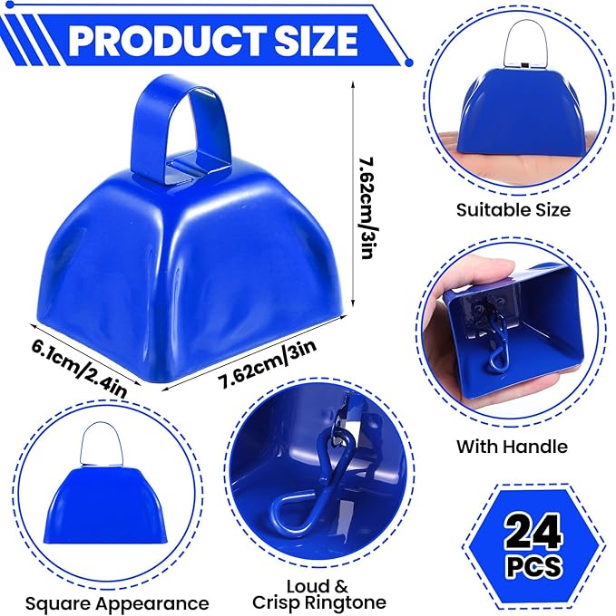 24 Pcs Metal Cowbells with Handle, Cow Bells Noise Makers for Sporting Events, Small Cow Bell Loud Bells Noisemaker Hand Percussion Cow Bells Noise Makers for Sporting Events, Football Games (Blue)