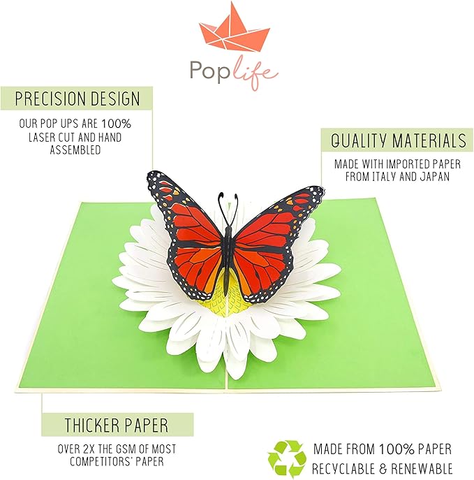 PopLife® Monarch Butterfly & Daisy 3D Pop Up Mother’s Day Card - Valentine's Day, Happy Anniversary, Birthday, Thank You - for Mom, Daughter, Wife, Grandma, Sister, Girlfriend