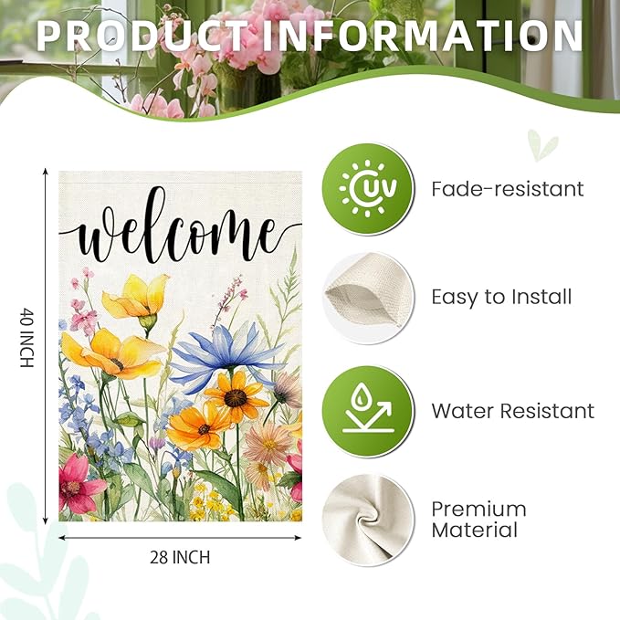 EKOREST Welcome Flowers House Flags for Outdoor Decoration, Spring Watercolor Floral Large Yard Flag, Decorative Summer Celebration Decor for Seasonal Farmhouse Holiday Outside 28x40 Inch Vertical